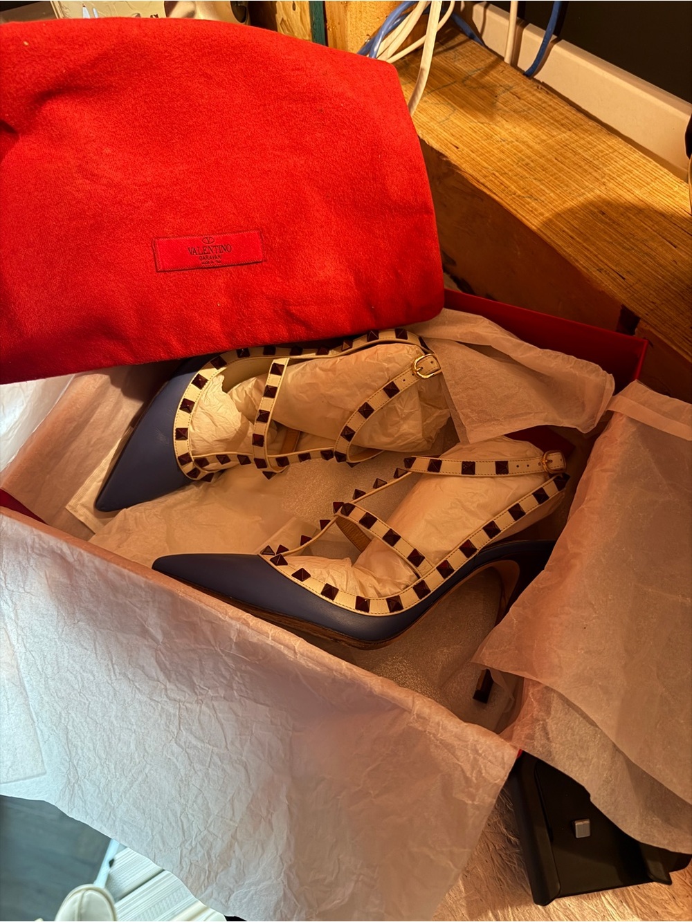Valentino Navy and Ivory Rockstud T-Strap Pointed-Toe Pumps